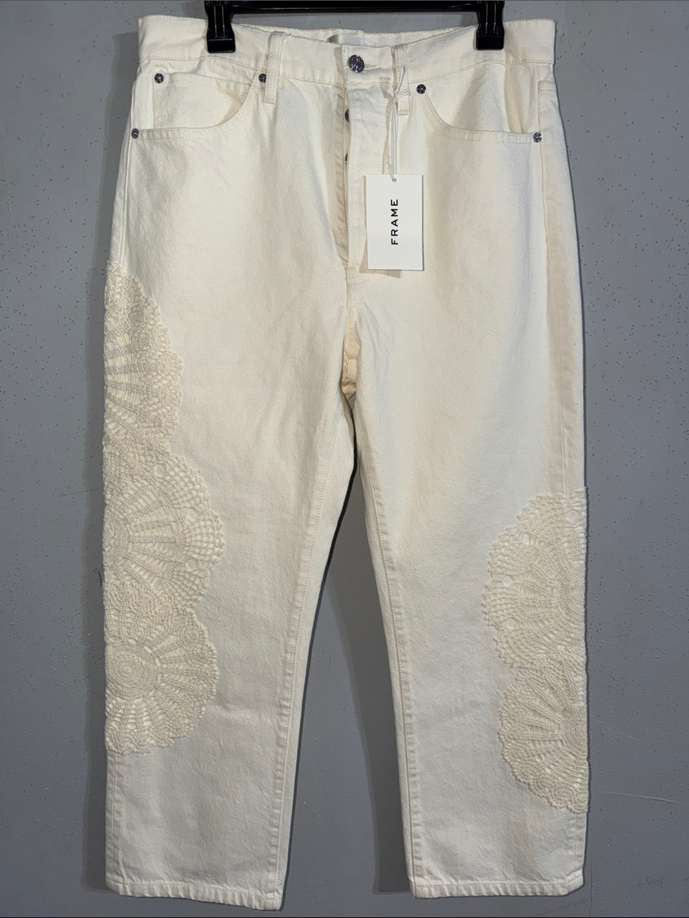 NWT Frame Denim Cream Straight-Leg Jeans with Crochet Panels